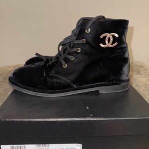 CHANEL Black Velvet Lace-Up Boots